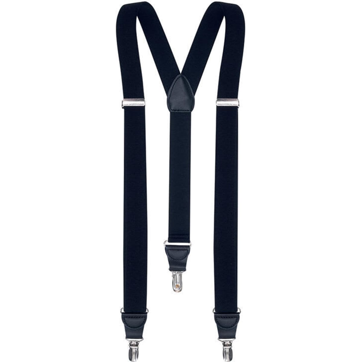 A pair of navy blue braces with silver clips and a leather-like centre connector.
