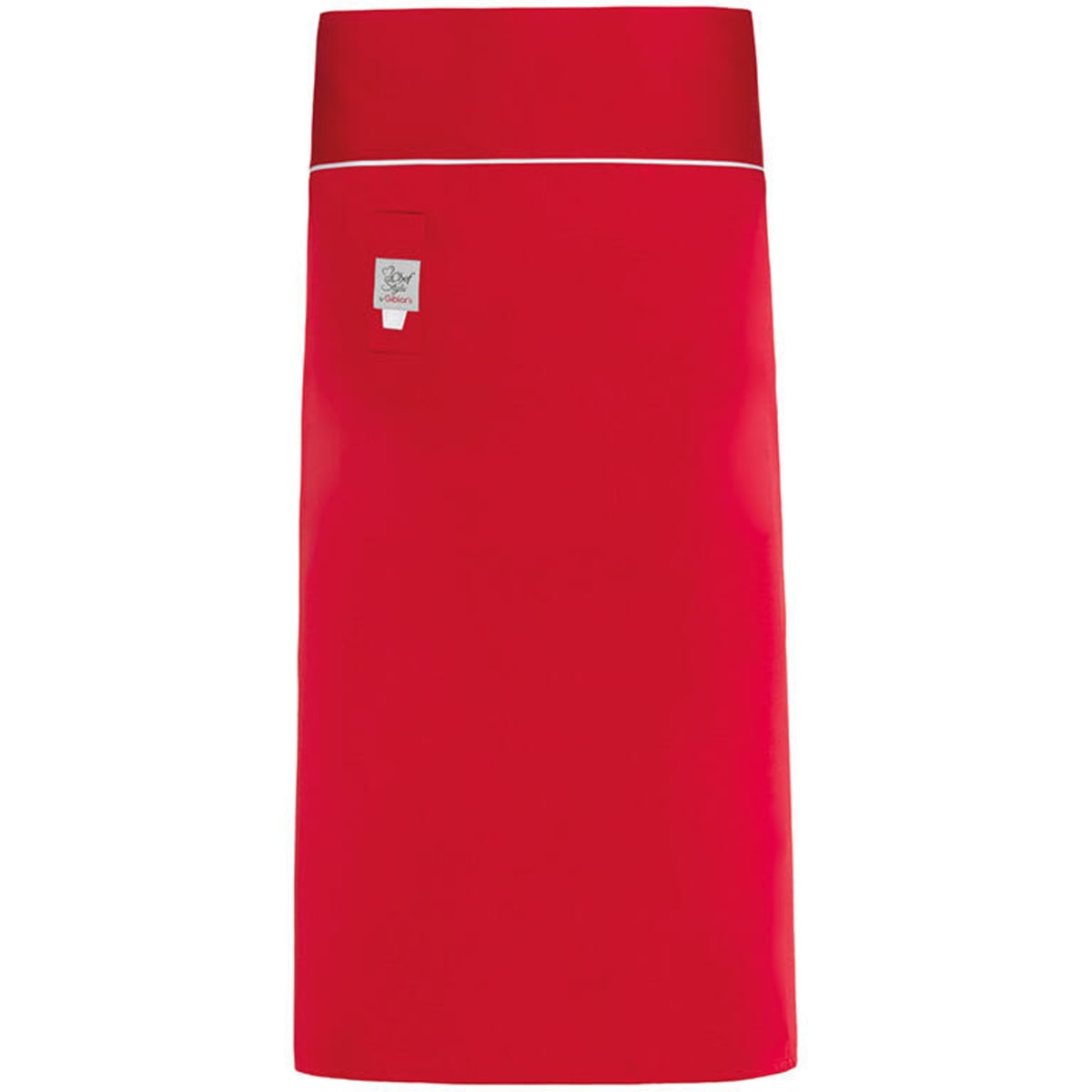 A red apron featuring a branded logo at the top. The design is sleek and modern with a contrasting waistband.