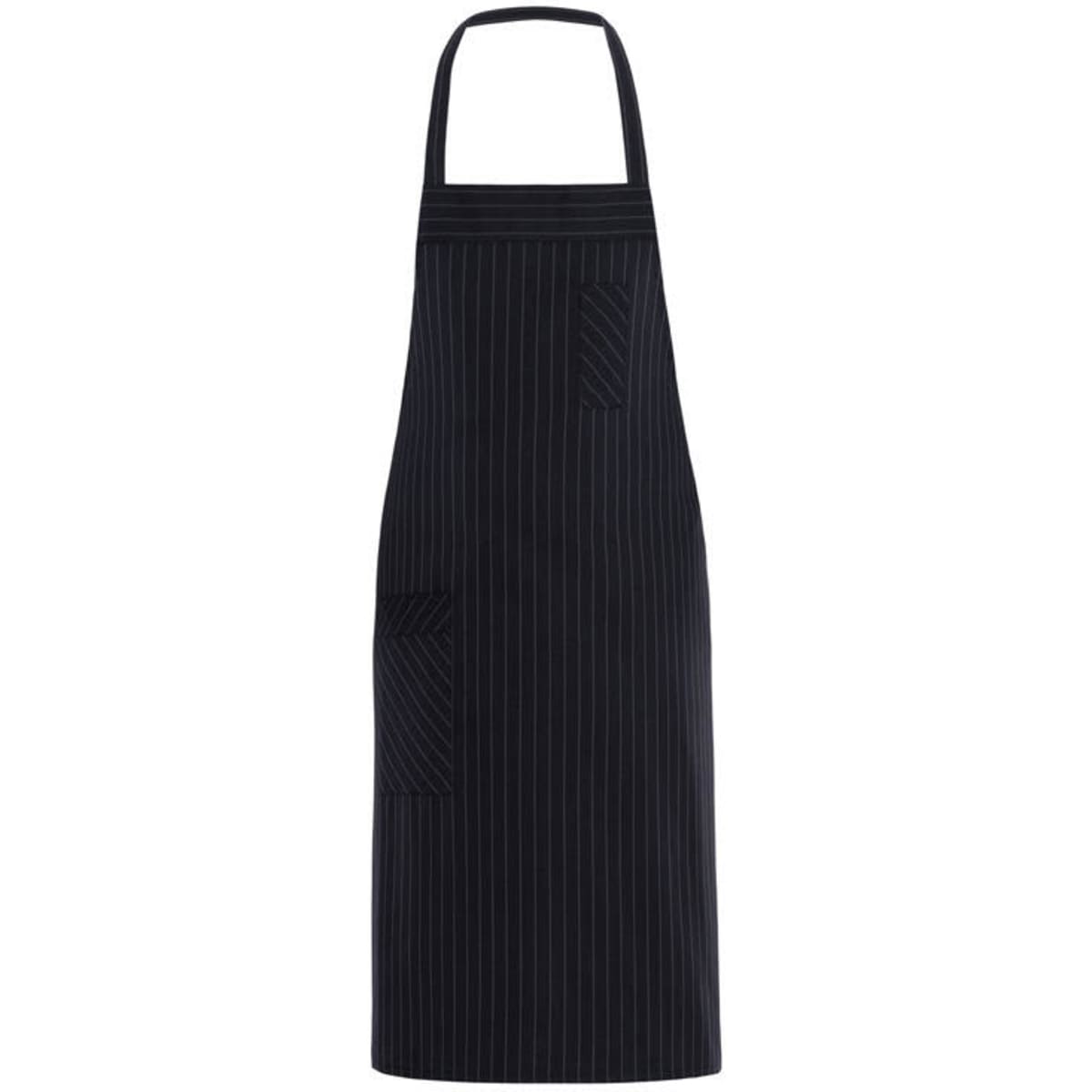 A black and white striped apron with a pocket, featuring a logo at the top.