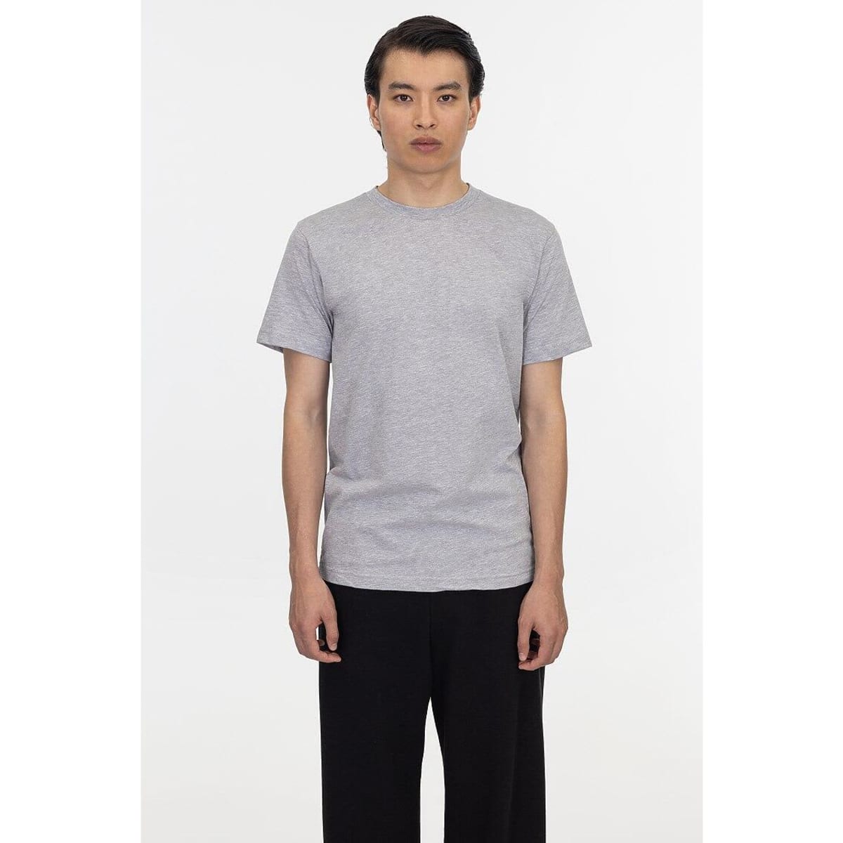A grey short sleeve fine jersey crew tee displayed on a model, featuring a simple design and a logo.