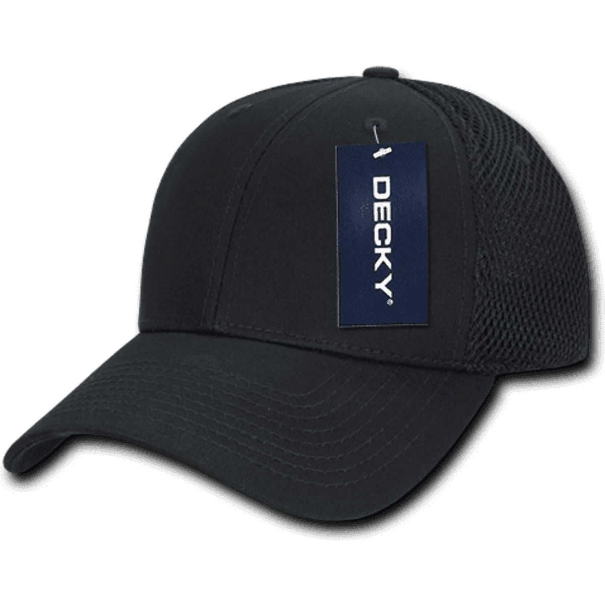 A black low crown air mesh baseball cap with a tag and a logo on the front.