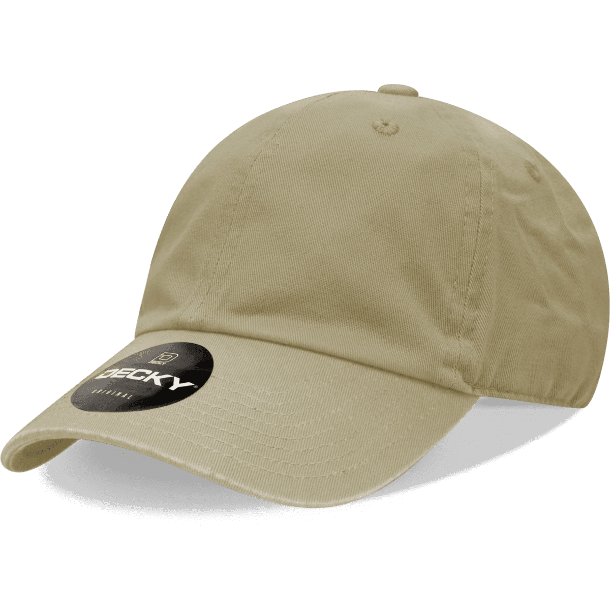 A khaki 6-panel low profile relaxed dad hat with a circular logo on the front.