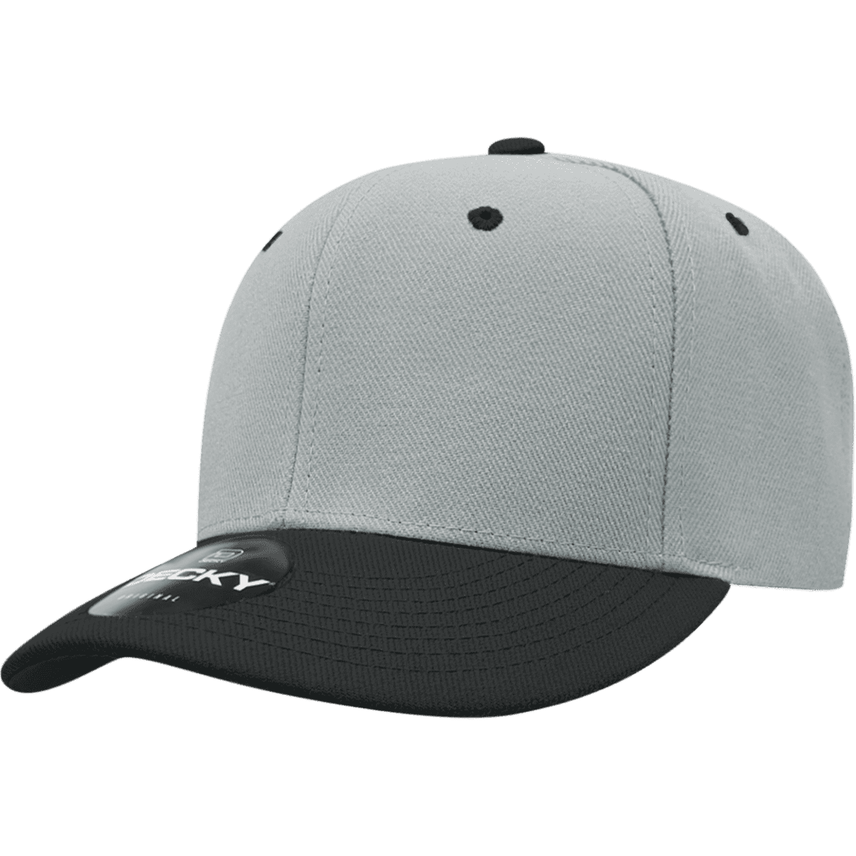 A grey cap with a black peak and a structured six-panel design, featuring a logo on the side.
