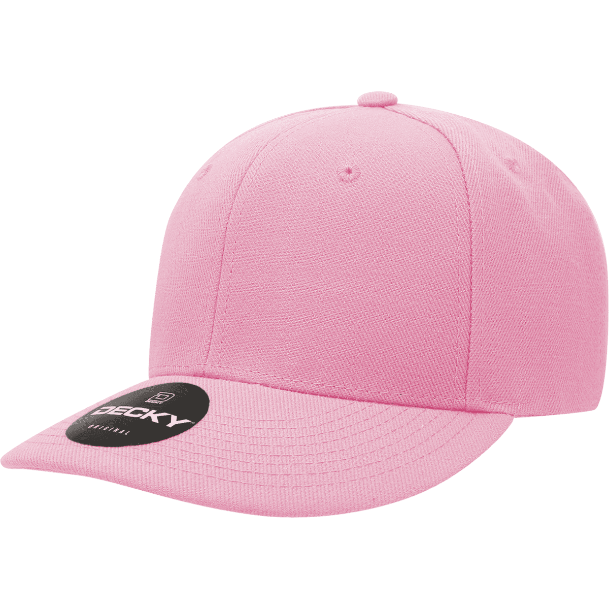 A pink 6-panel mid profile structured cap with a round crown and a flat brim. It features a logo on the front.