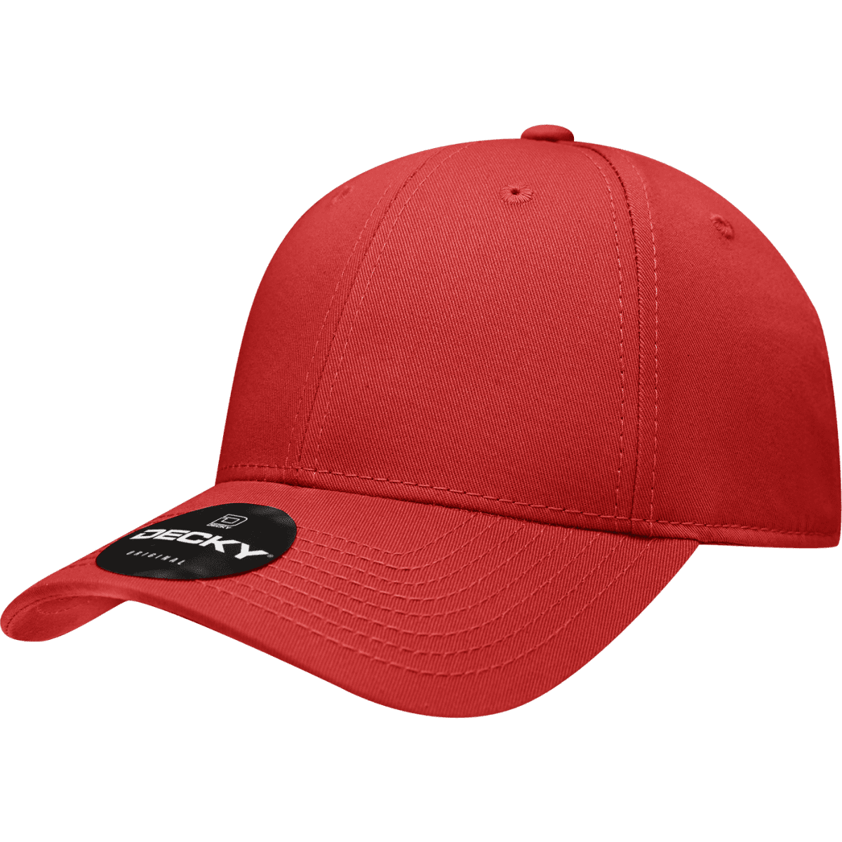 A red 6-panel low profile structured cap with a curved brim, featuring a logo on the front.