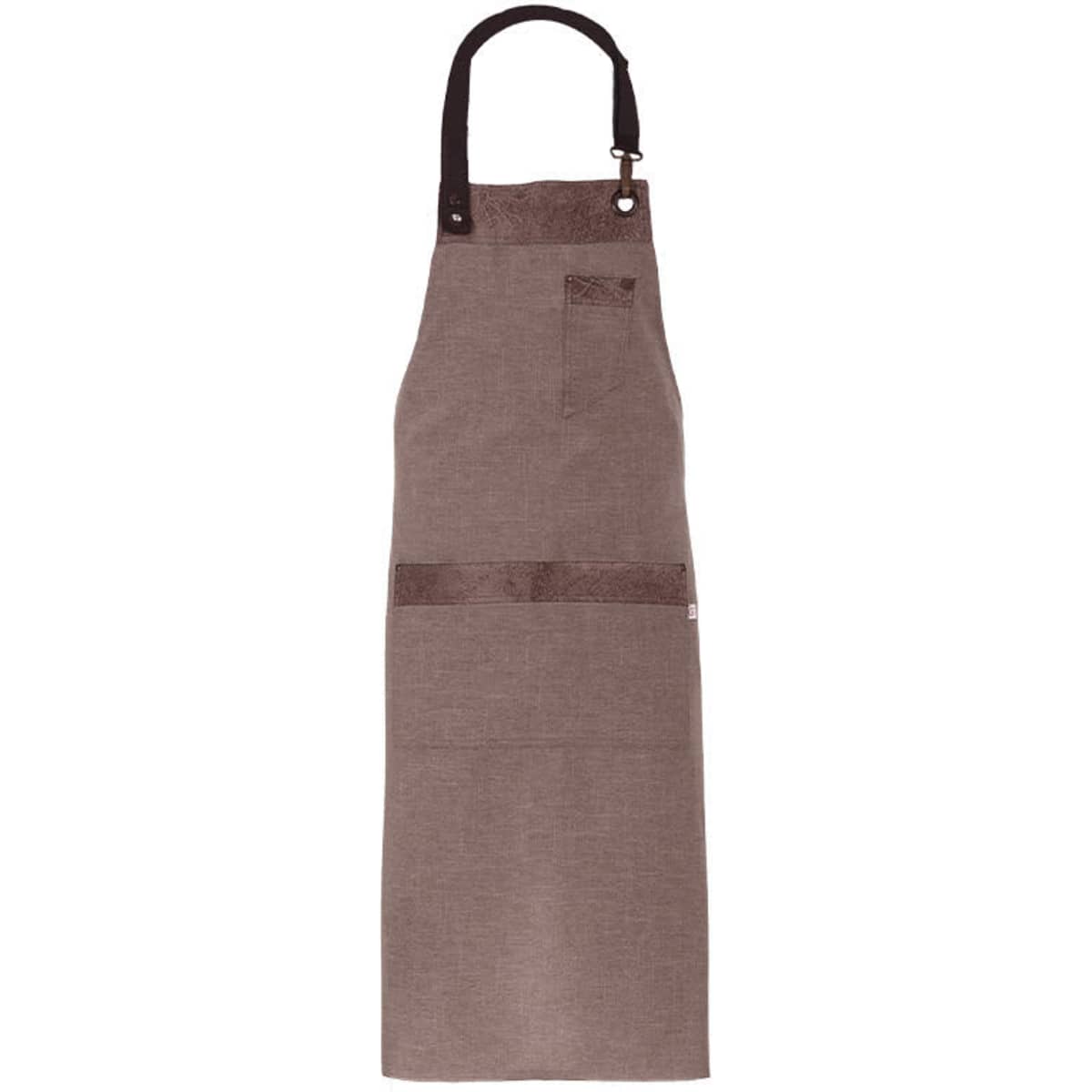 A brown apron with a pocket and adjustable neck strap, featuring a logo on the front.