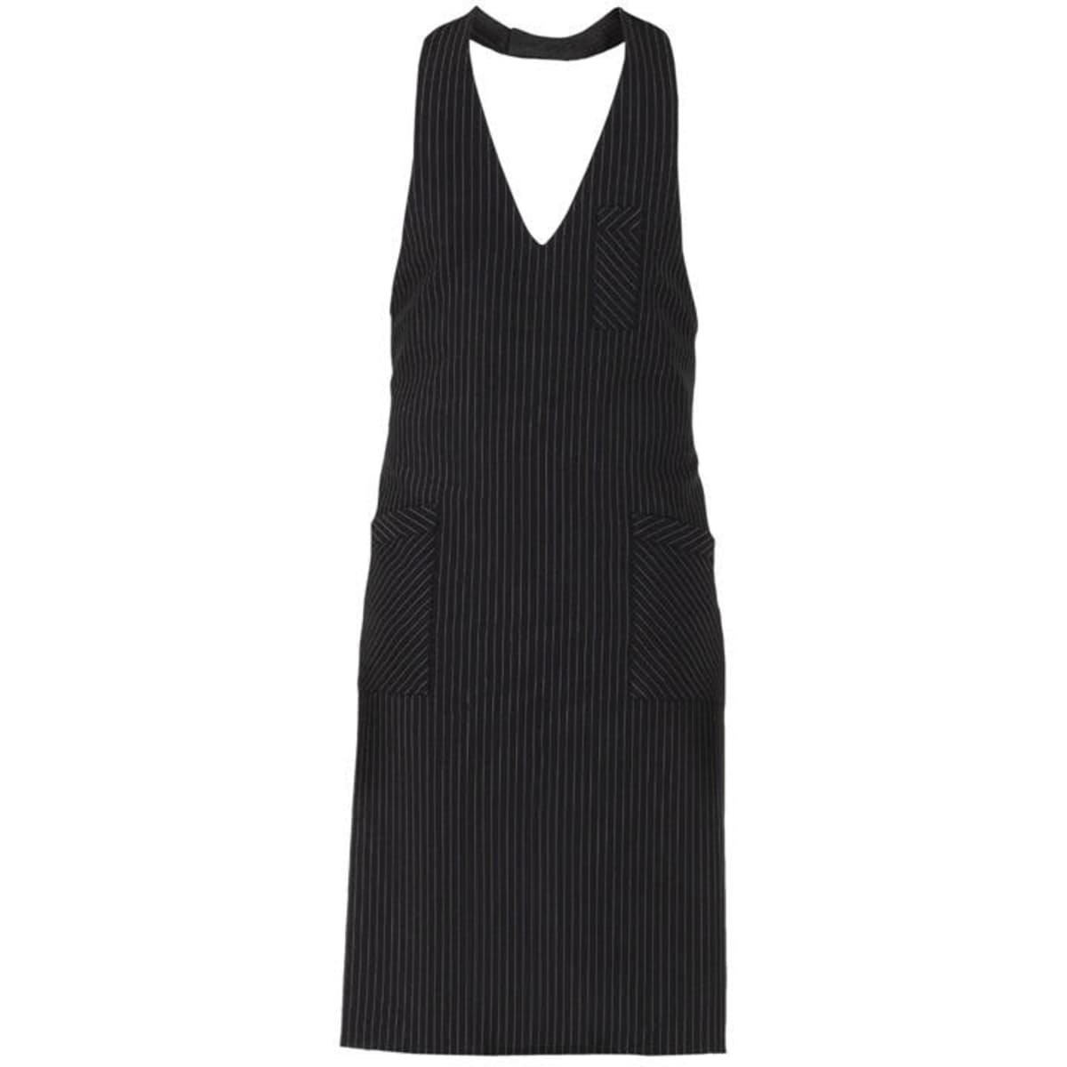 A black stripy apron featuring a deep V-neck and two front pockets. It has a simple yet stylish design.
