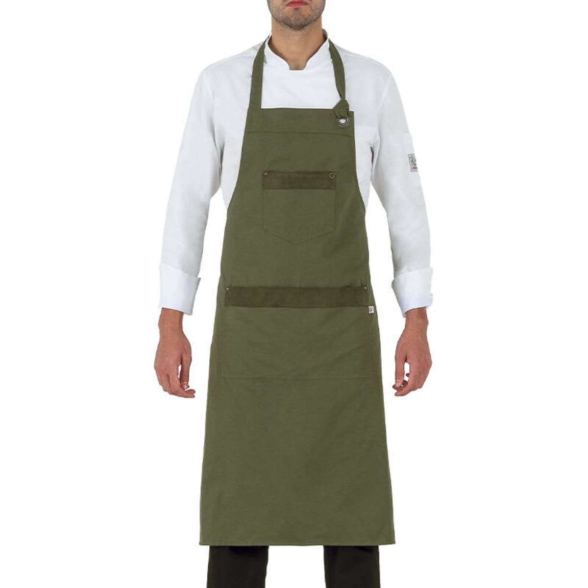 An olive green apron featuring a front pocket, worn by a model in a white shirt. The apron has a logo.