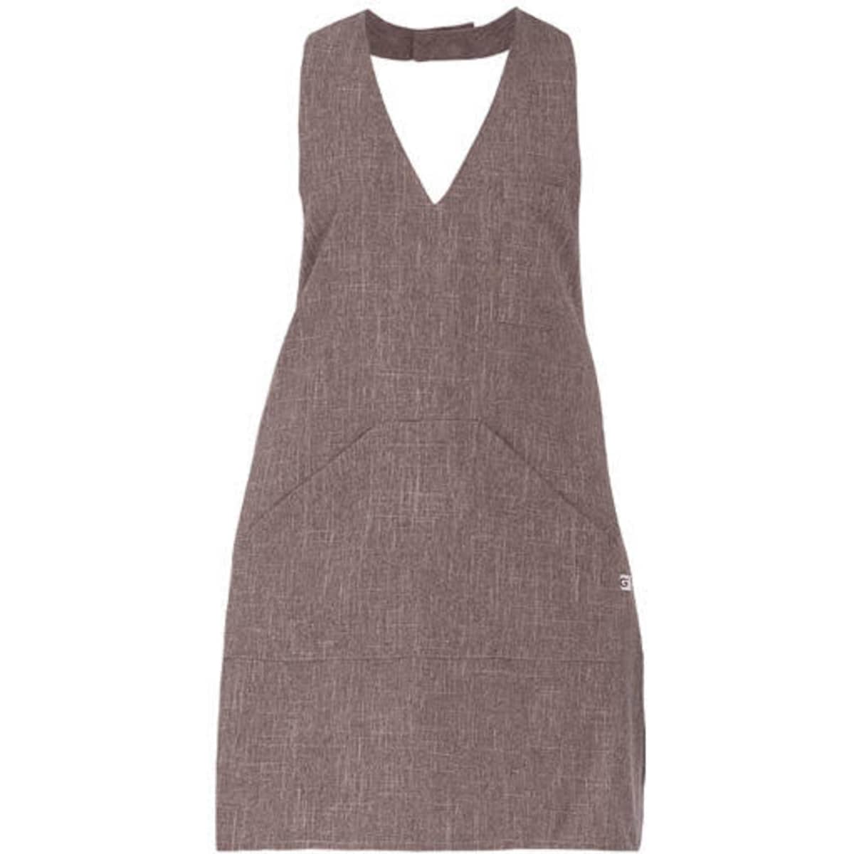 A brown apron with a V-neck design and two front pockets. It features a branding logo.