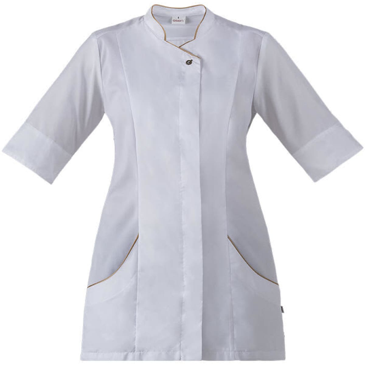 Atena Tunic in white with contrasting trim, featuring a button closure and three-quarter sleeves, includes pockets.