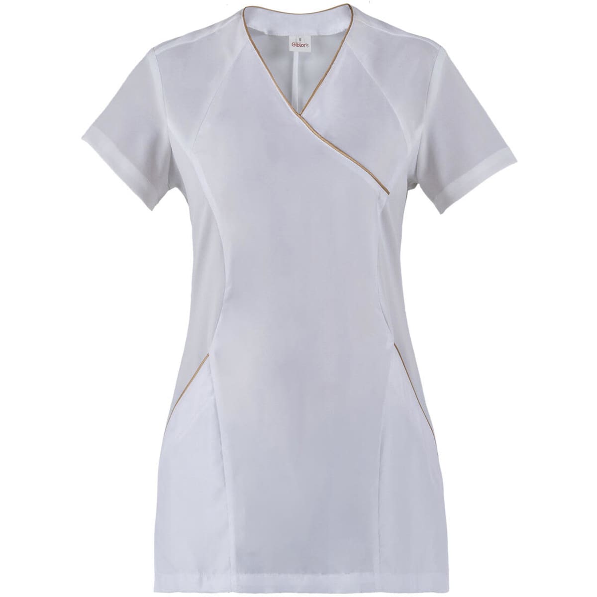 A white tunic top with a crossover design and contrasting trim, featuring short sleeves and side pockets.
