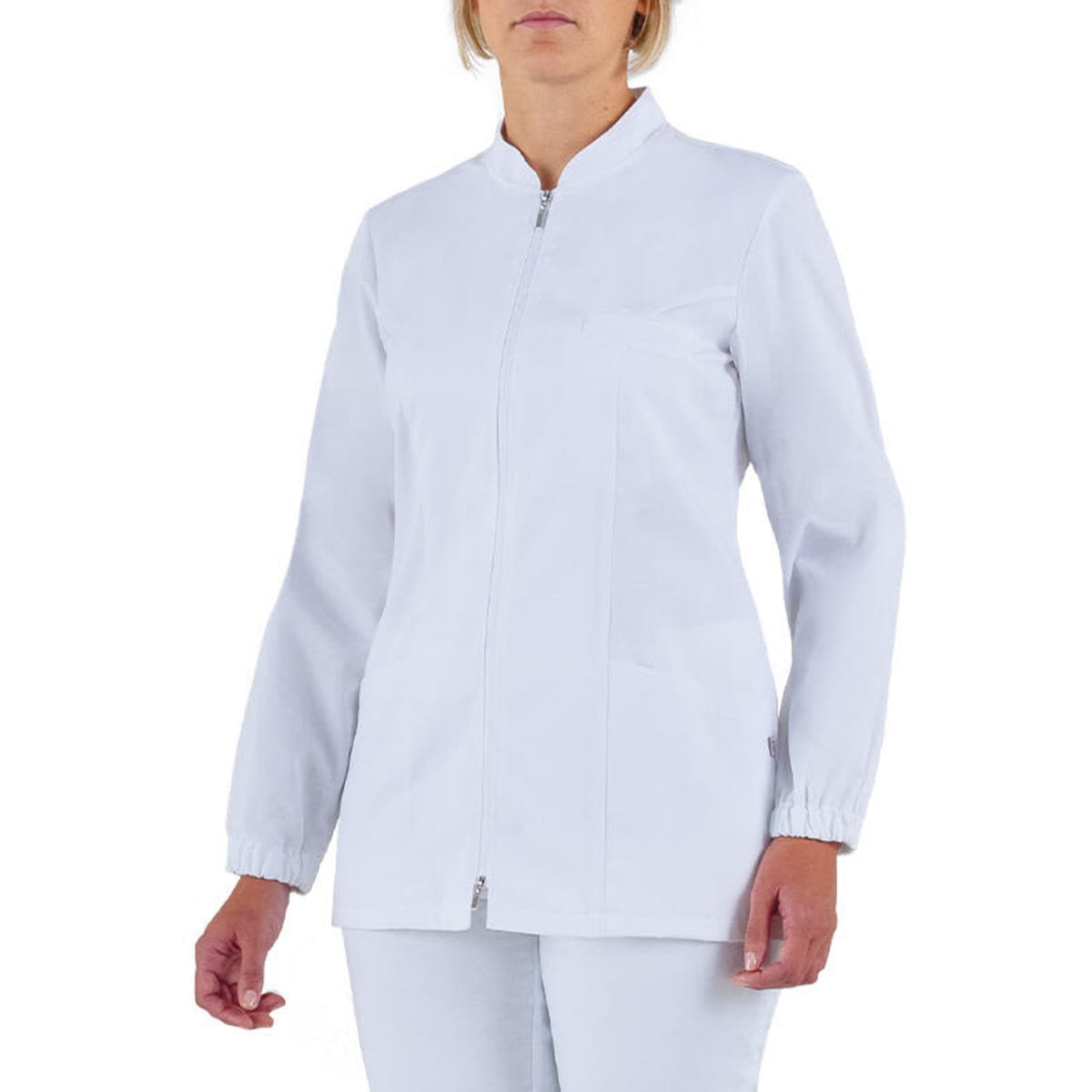 A white tunic with a zip front and long sleeves, suitable for professional wear. Features elastic cuffs.
