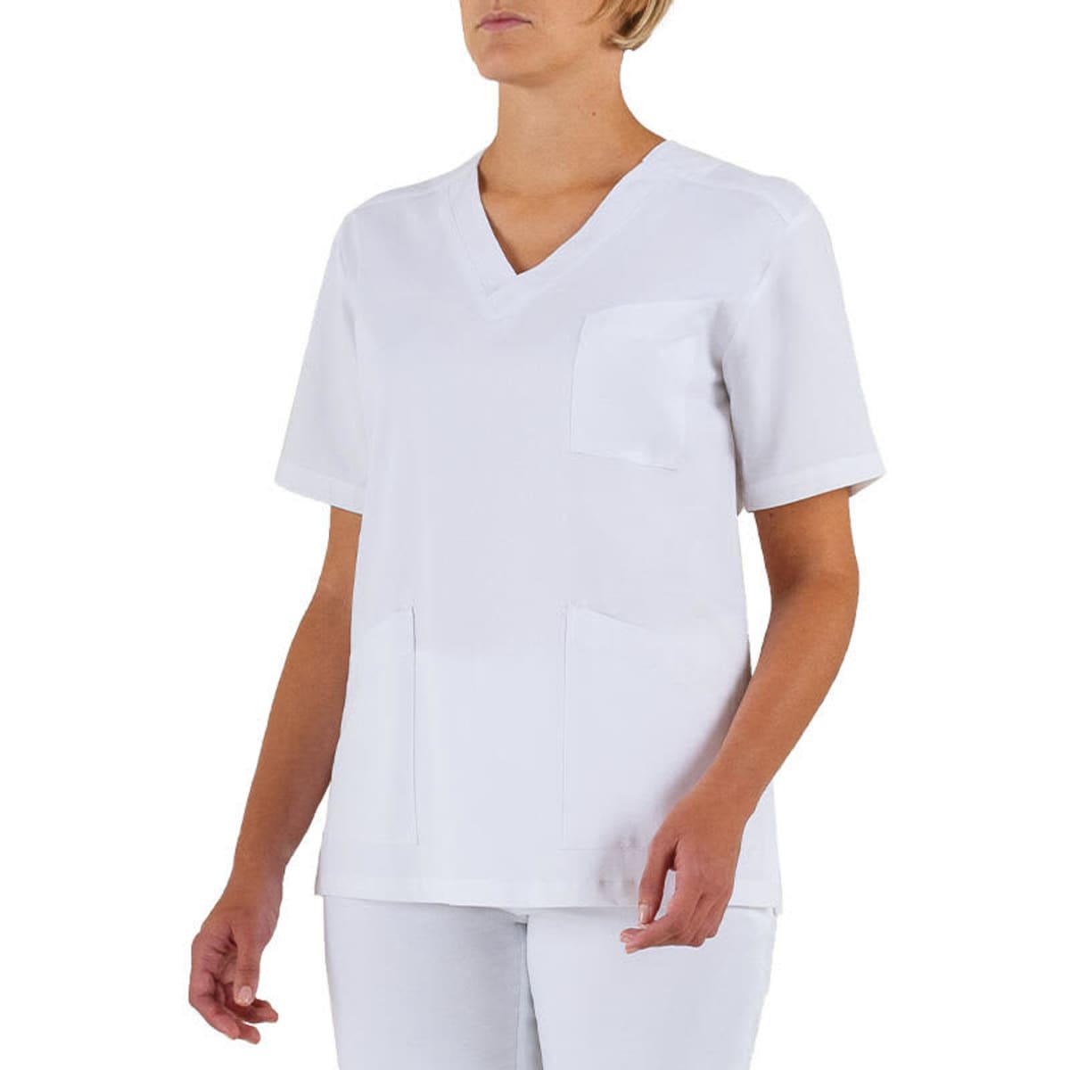 A white tunic with a V-neck, featuring short sleeves and front pockets. It has a logo on the fabric.