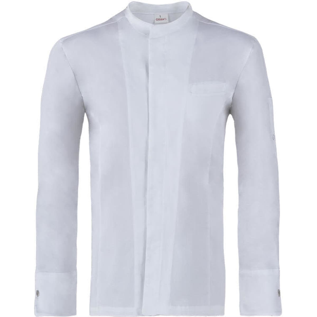 A white long-sleeve jacket with a stand collar and button cuffs, featuring a pocket on the left side.