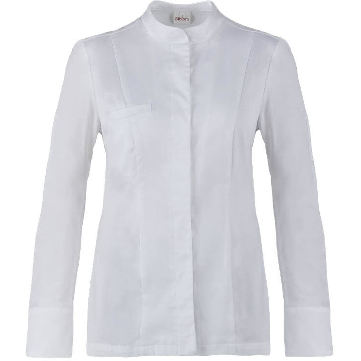 A white jacket with a mandarin collar and long sleeves, featuring a chest pocket and a logo.