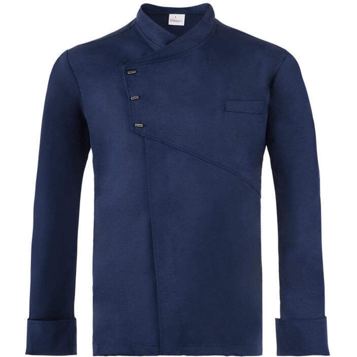 A navy blue chef jacket featuring a unique asymmetrical design and a chest pocket. It has three decorative buttons.