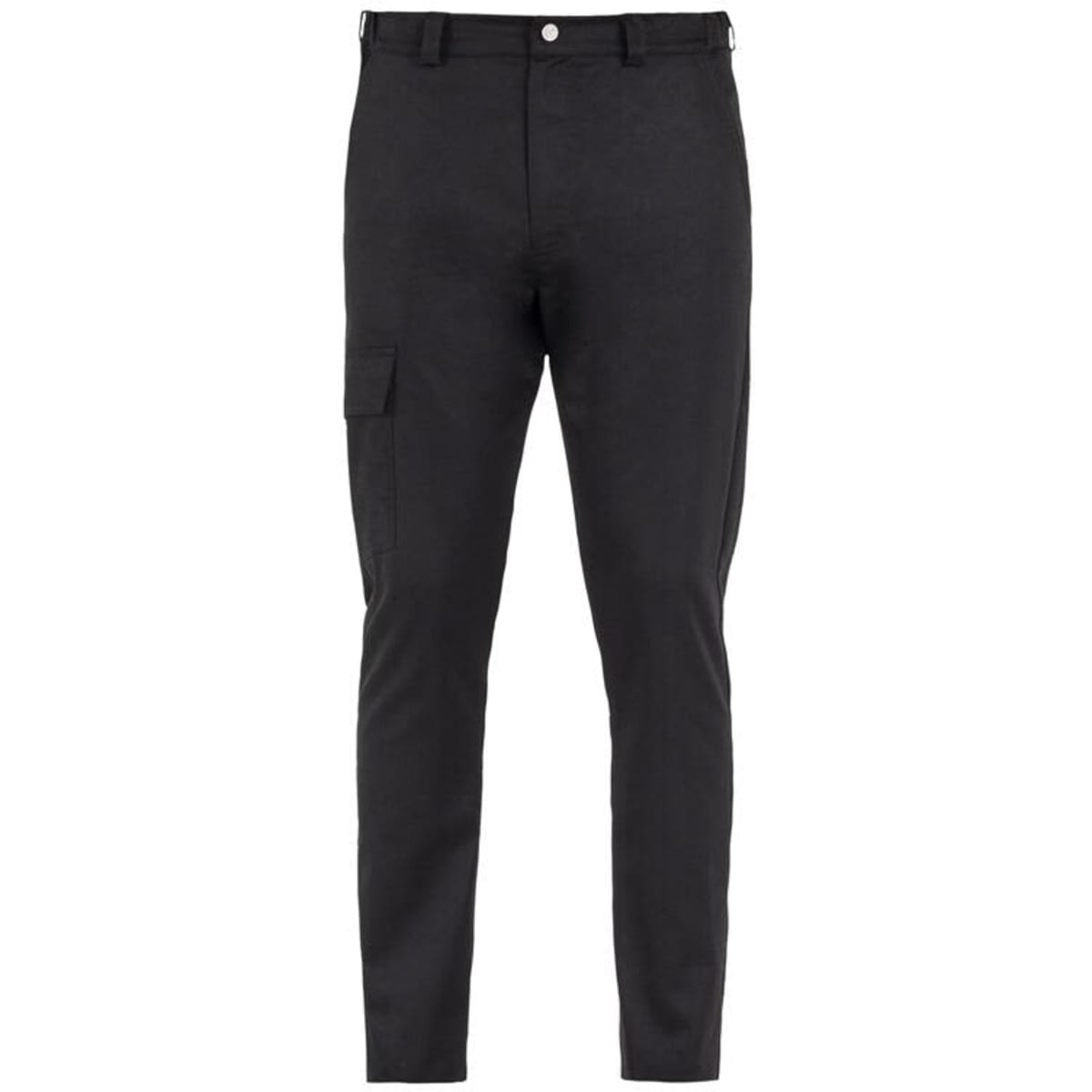 Black pants with a slim fit and a side cargo pocket, featuring a logo on the waistband.