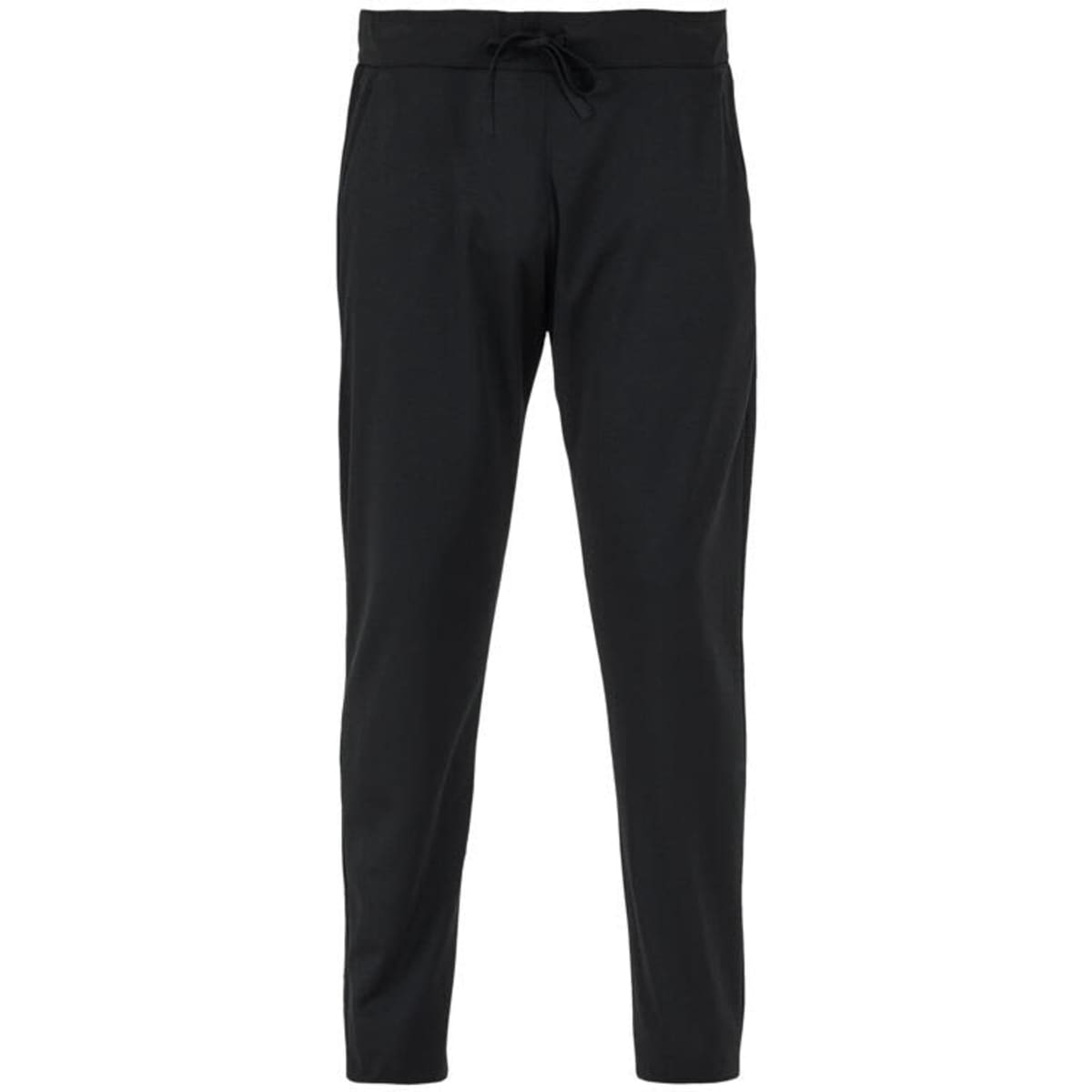 A pair of black pants with a drawstring waistband and tapered legs, featuring a logo.