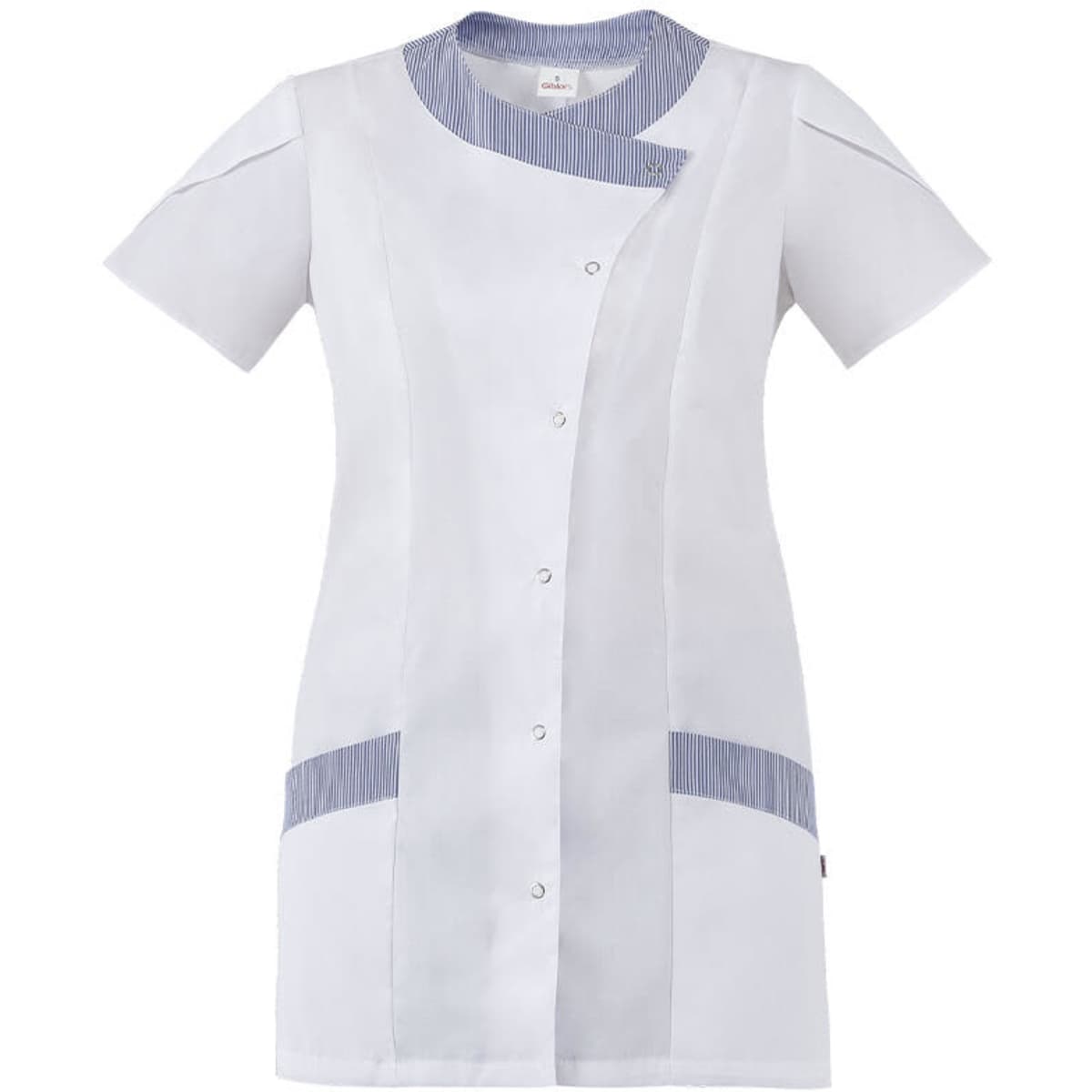 A white tunic with short sleeves, featuring a stripe pattern on the collar and pockets. It has a logo on the side.