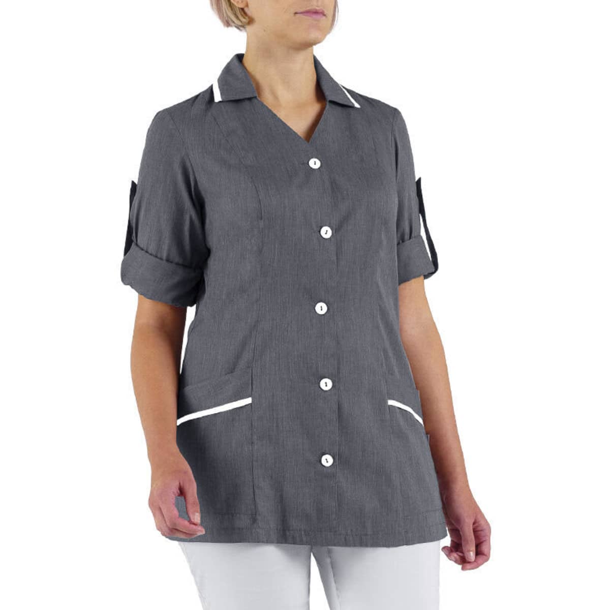 A grey tunic with short sleeves, white buttons, and contrasting white trim on the pockets and collar.