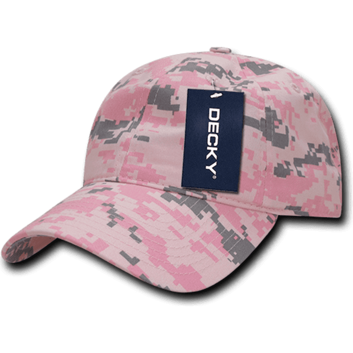 A low profile relaxed dad hat in pink and grey camo with a logo tag.