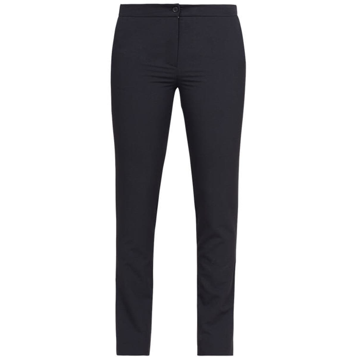 A pair of black pants with a fitted style, featuring a front button closure and a smooth finish.