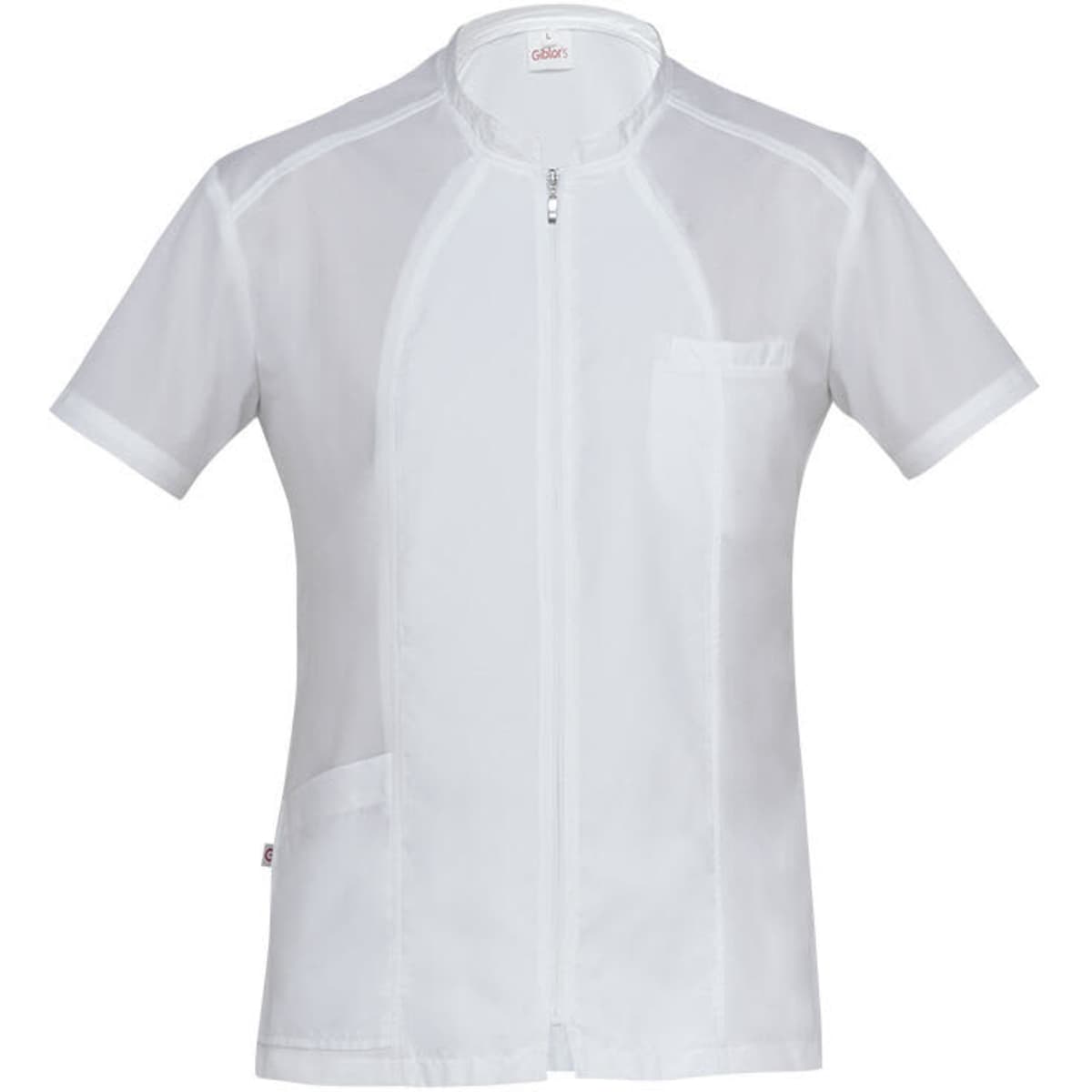 A short-sleeved tunic in white with a zip front and pockets, featuring a simple and clean design.