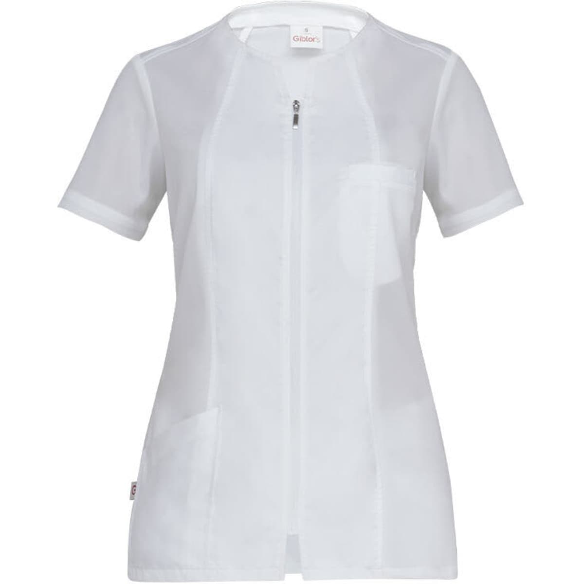 A short-sleeved white tunic featuring a zip front and a pocket, designed for a sleek, professional look.
