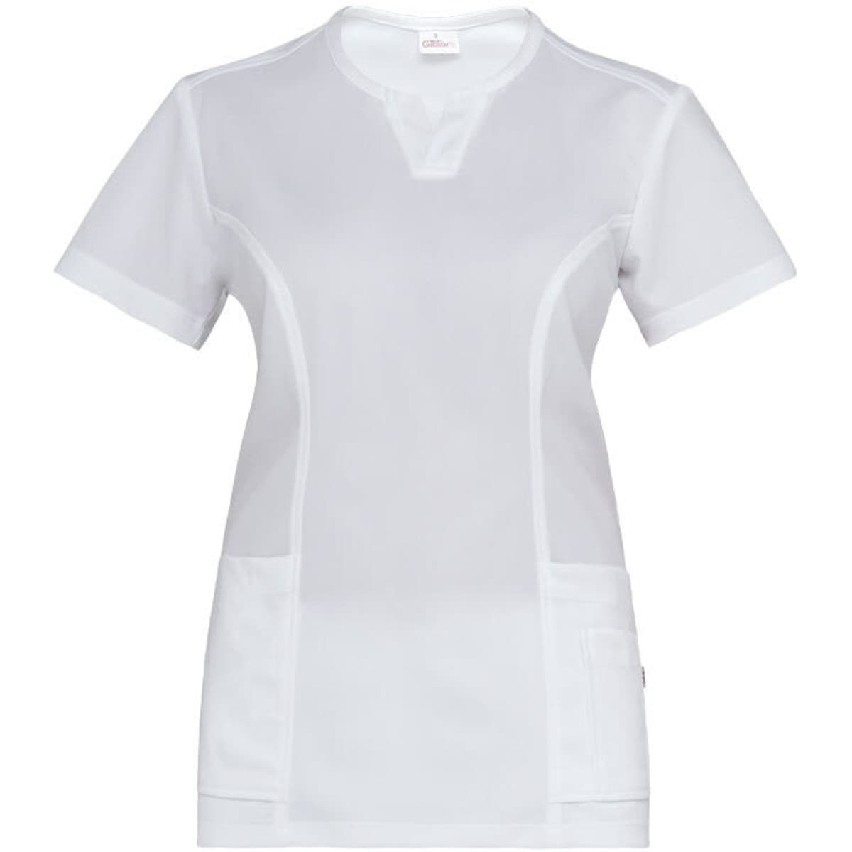 A white Erika Tunic featuring short sleeves and multiple pockets, with a logo on the front.