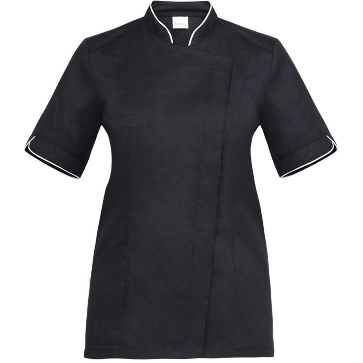 A black chef tunic with short sleeves, featuring a stylish wrap design and contrasting trim. It includes a front pocket and branding.