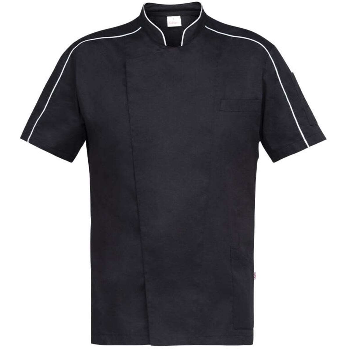A black chef tunic with white piping and a chest pocket, featuring a sleek, modern design.