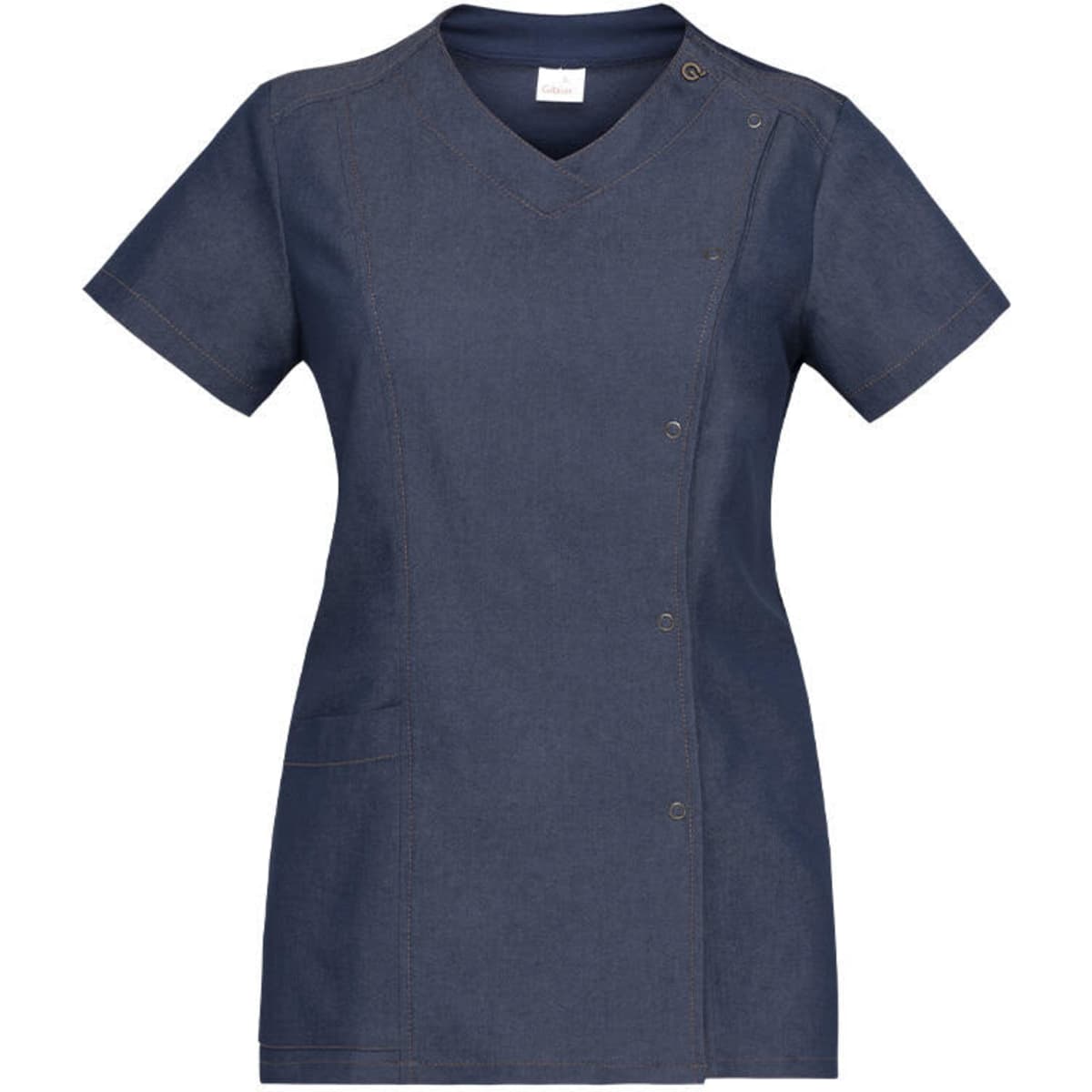 A navy blue Alina Tunic with short sleeves and a V-neck design, featuring a snap button closure and a pocket.
