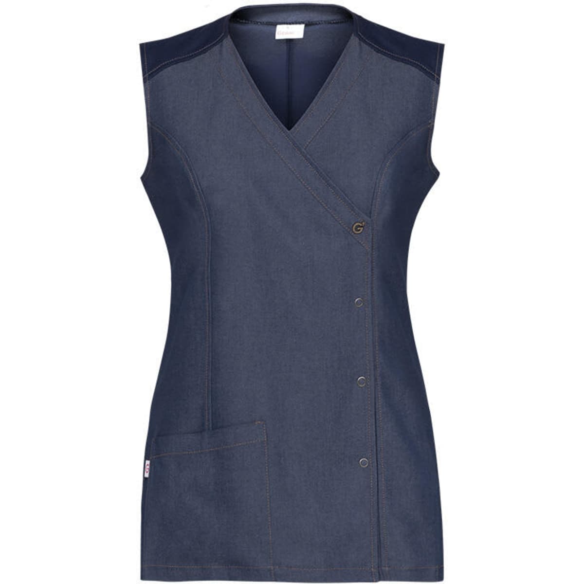 A navy tunic with a wrap design, featuring a pocket and contrasting shoulder panels. It has a logo on the side.