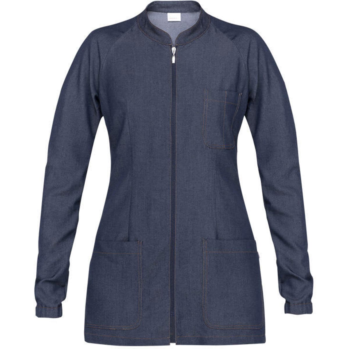 A denim blue jacket with a zip front, long sleeves, a pocket on the chest, and two lower pockets.
