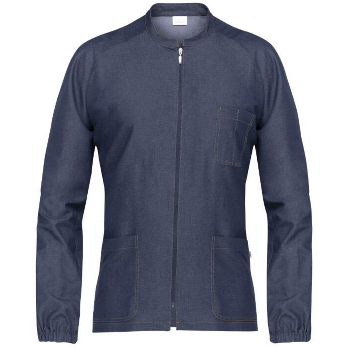 A navy blue Remy Tunic featuring a zip front, long sleeves, and a chest pocket, with two front pockets.