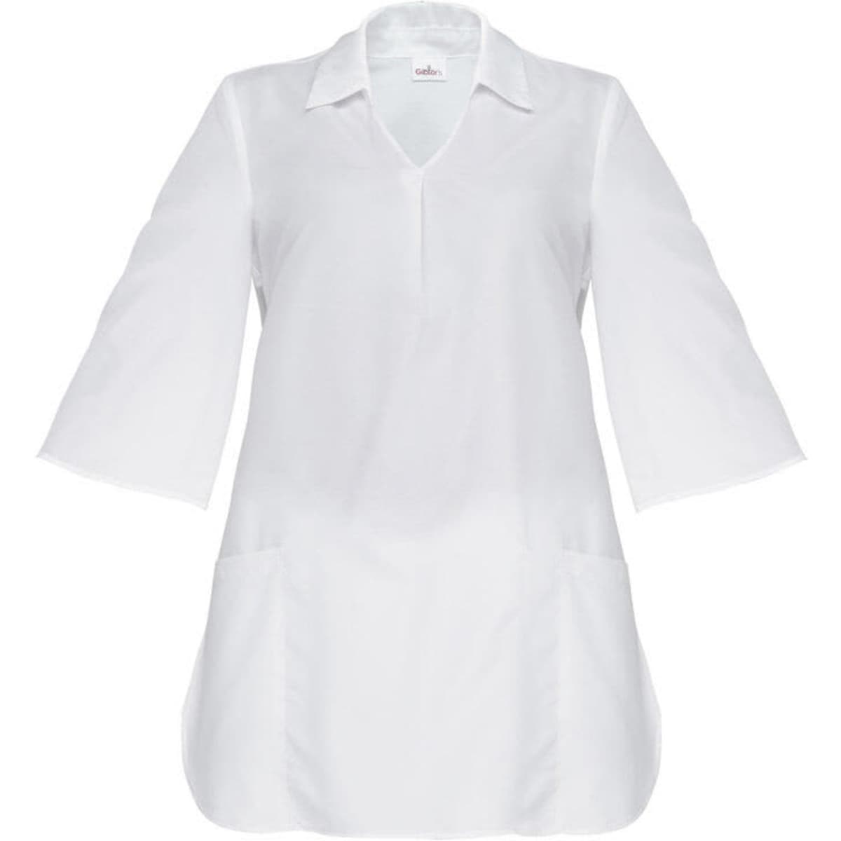 A white kimono-style garment with three-quarter bell sleeves and side pockets. Features a collar and a logo.