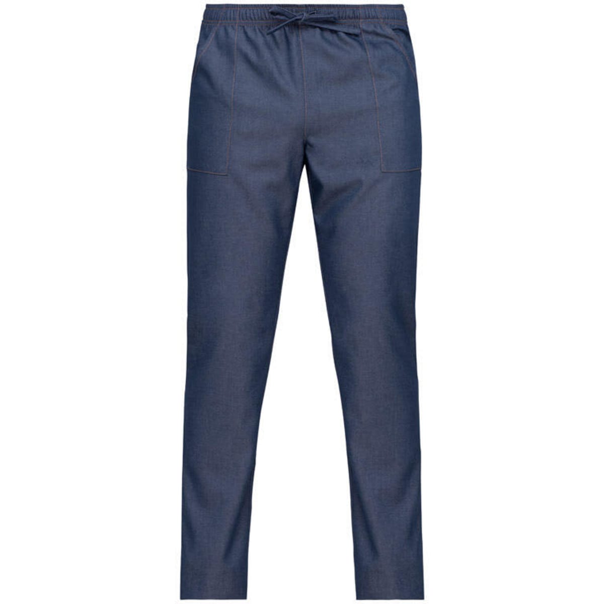 Navy blue pants with a tapered fit and an elastic waistband. Features pockets on the front.