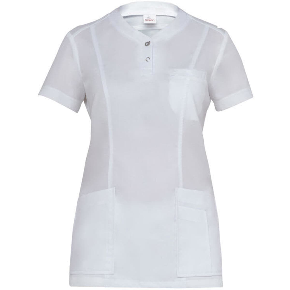 A white tunic featuring a collared neckline, short sleeves, and front pockets. It has a logo on the label.