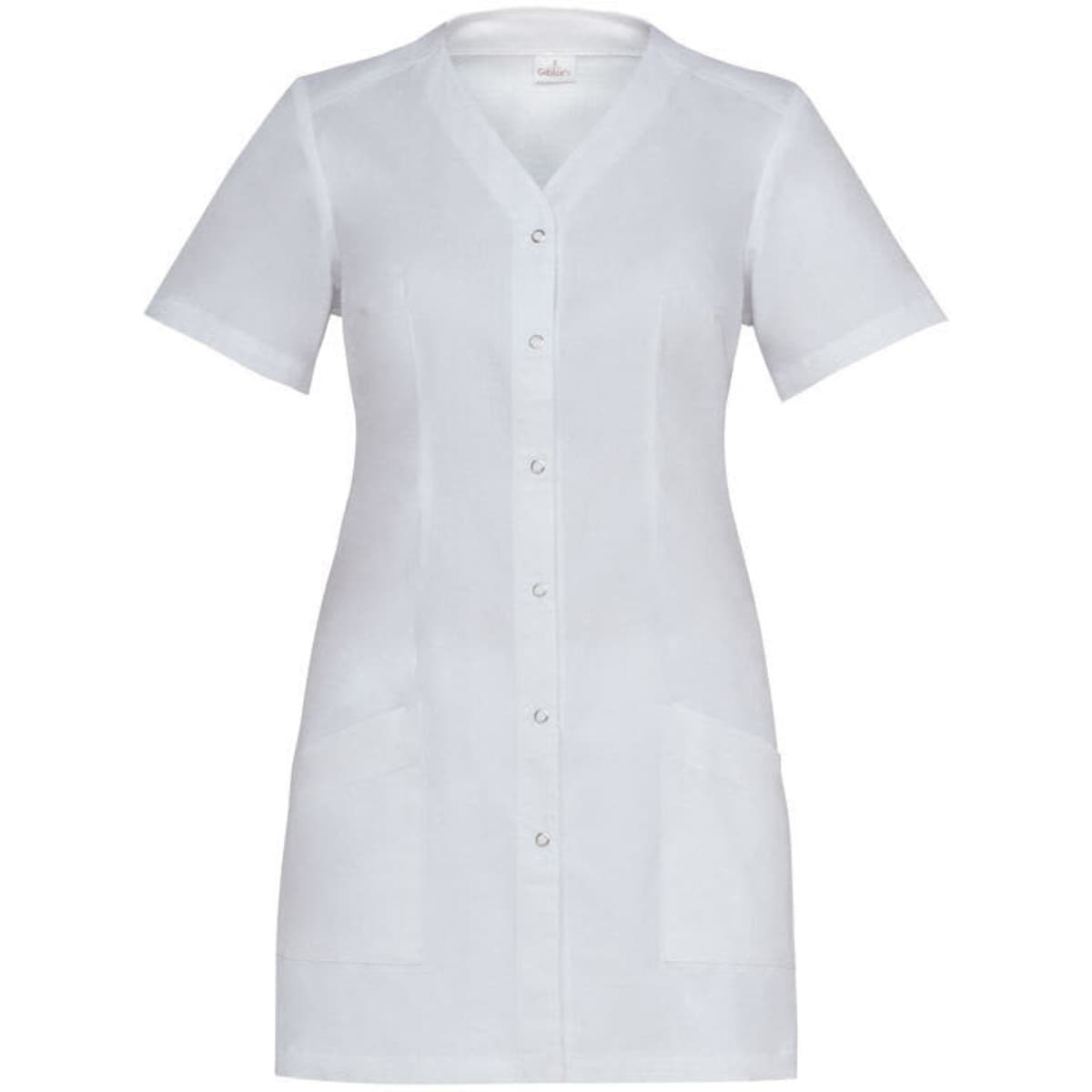 A short-sleeved white tunic with a button-up front and two pockets, featuring a branding logo.