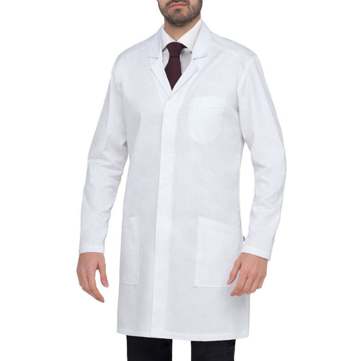 A white lab coat with long sleeves, a collar, and pockets, worn by a model. It features a logo on the fabric.