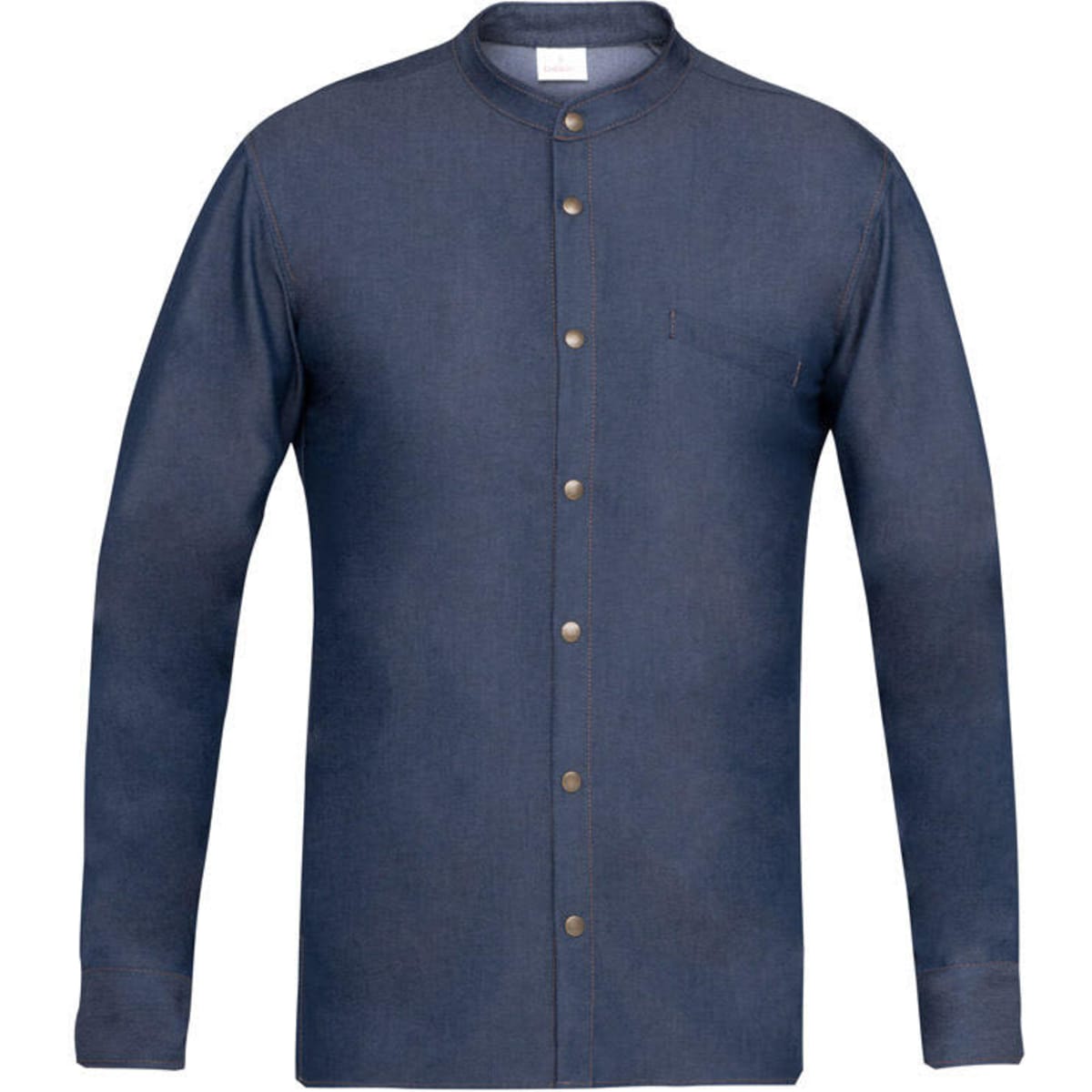 A navy blue shirt with a buttoned front, round collar, and a single chest pocket, featuring a logo.