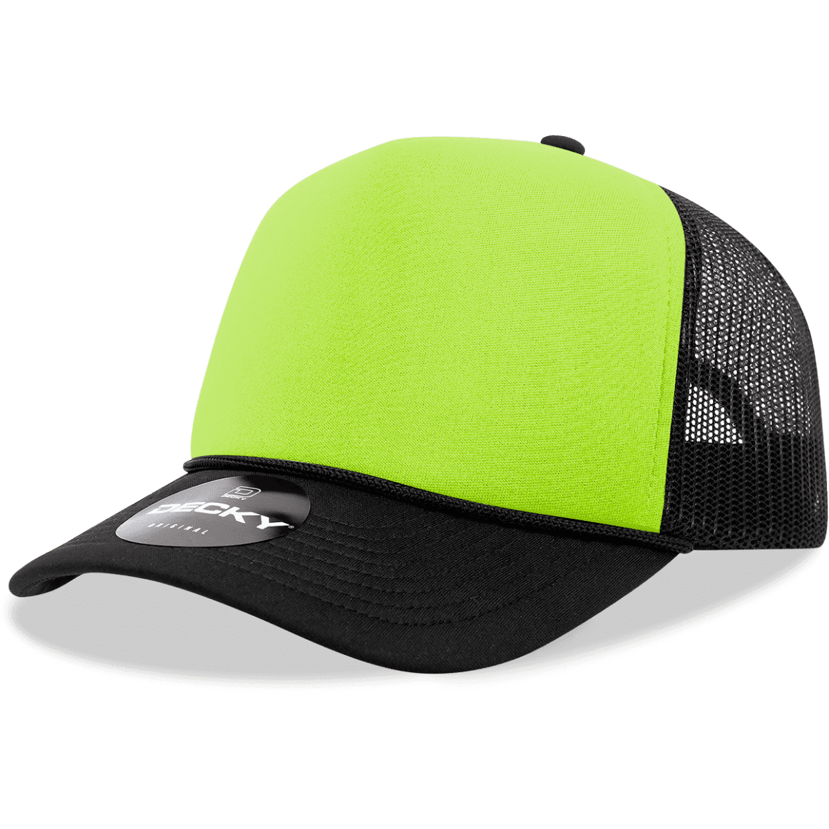 A high-profile structured two-tone foam trucker cap in vibrant lime green and black, featuring a mesh back and a logo.