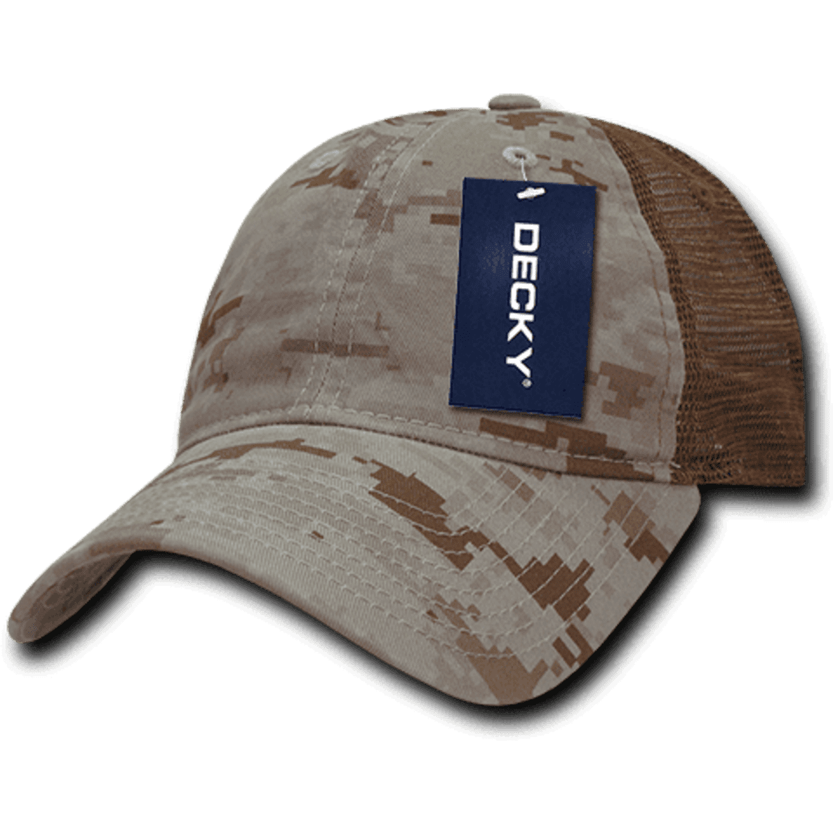 A camo trucker cap in shades of beige and brown with a mesh back and a brand tag attached.