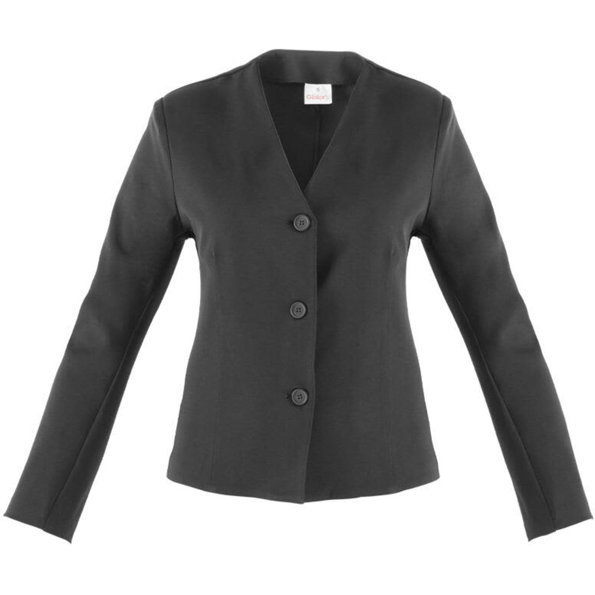 A black jacket with a V-neckline and four buttons down the front, featuring long sleeves and a tailored fit.