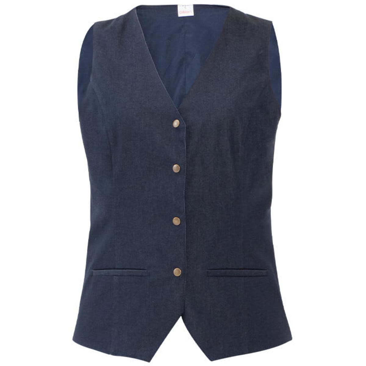 A navy blue vest featuring a button front and two front pockets, with a sleek and tailored design.