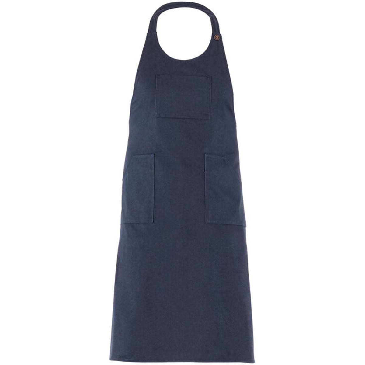 A navy blue apron featuring two front pockets and a neck strap, with a logo on it.