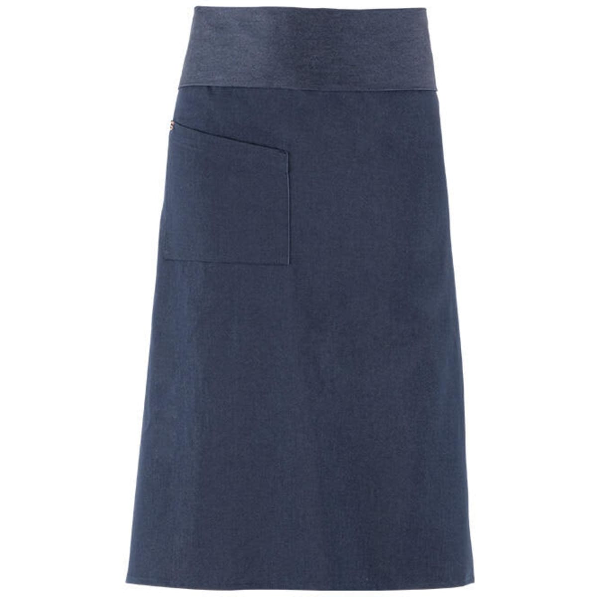 A navy blue apron featuring a high waistband and a front pocket. The design is simple and stylish.