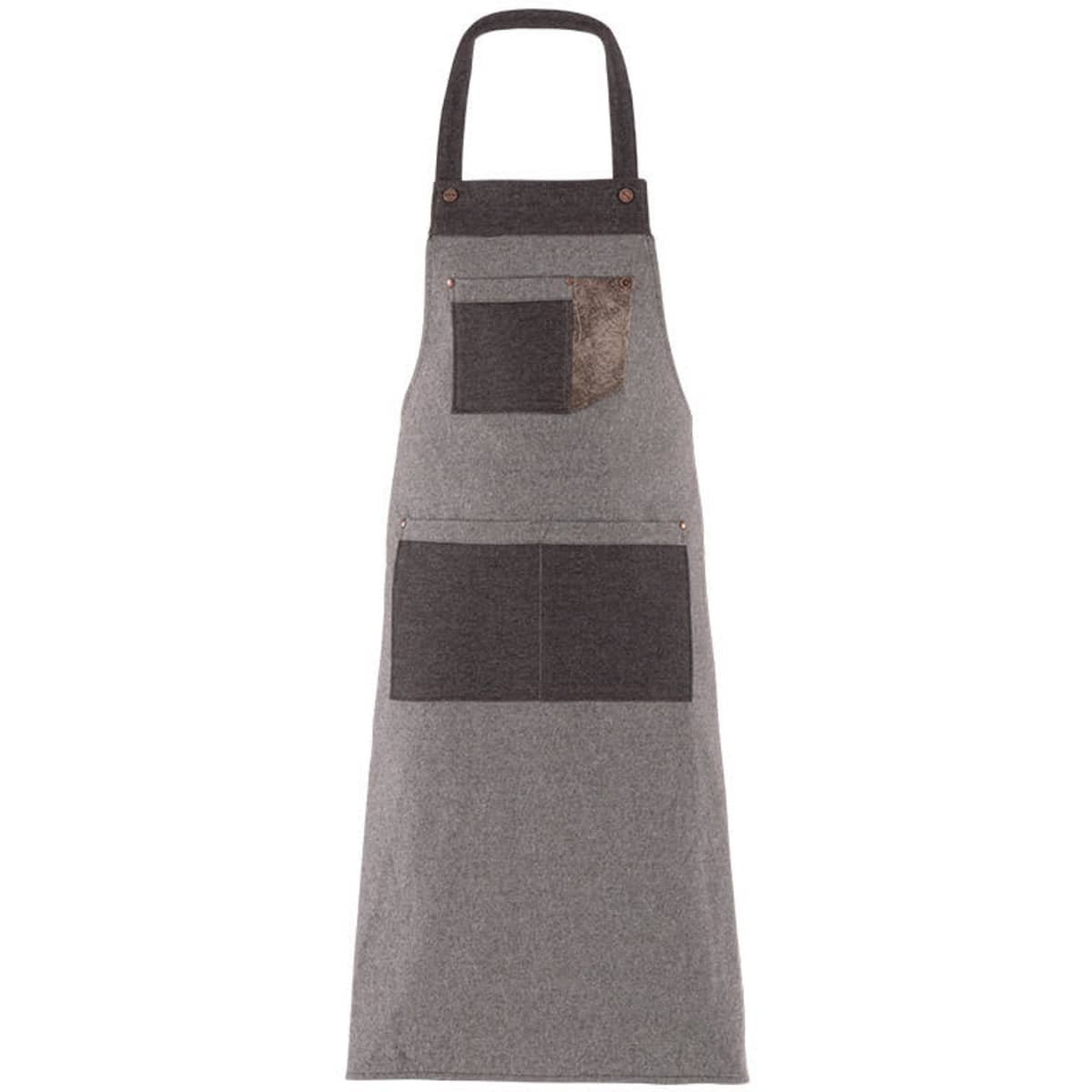 A grey apron featuring a textured fabric, a front pocket, and a branding logo.