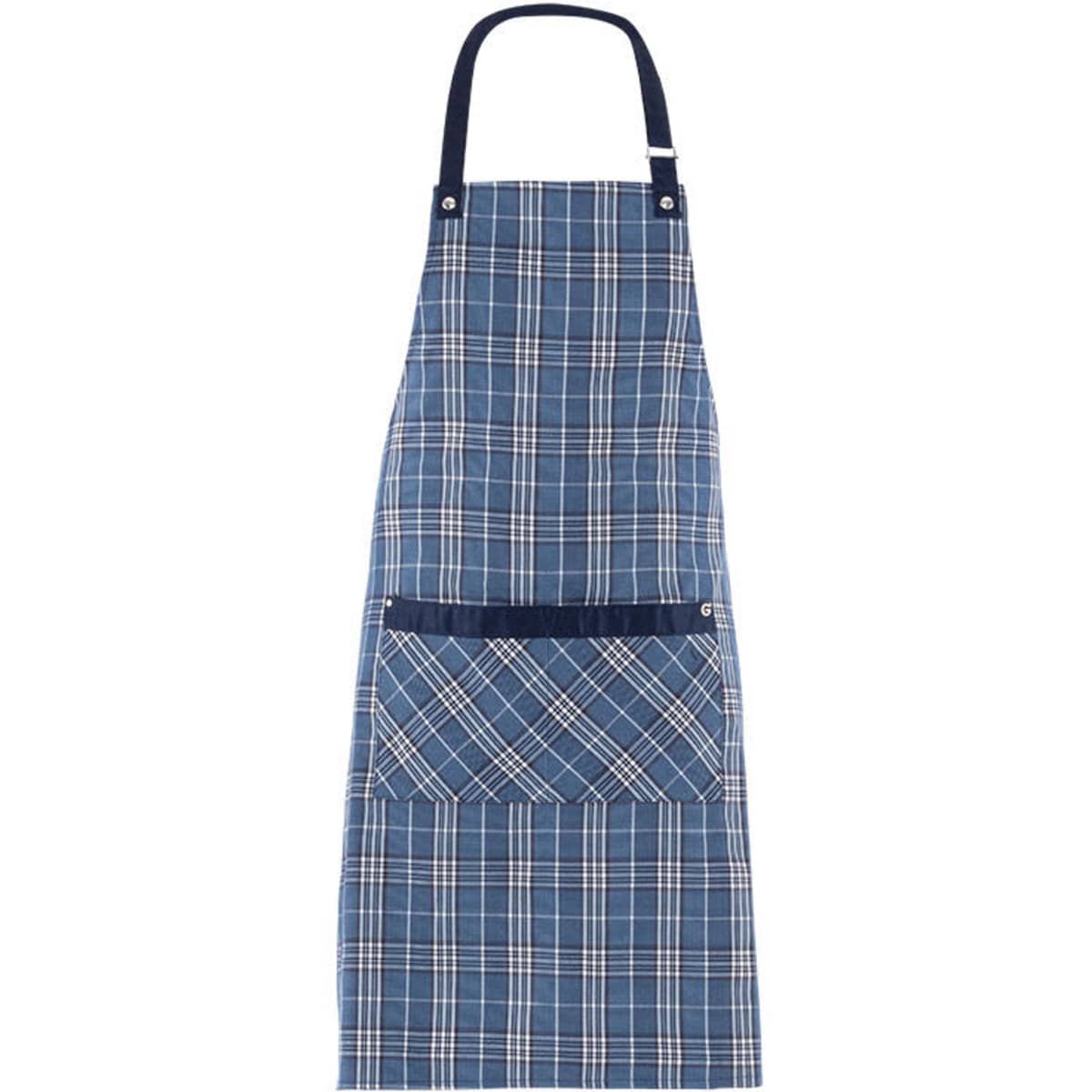 A navy and blue checked apron with a pocket, featuring a branding logo.