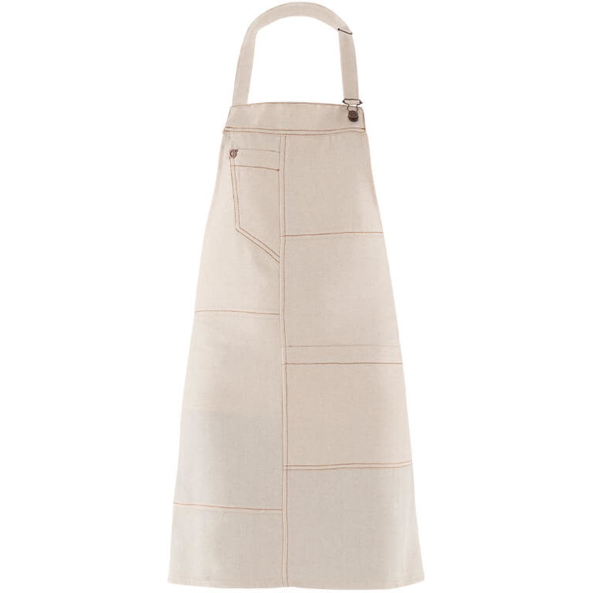A beige apron with a pocket and adjustable strap, featuring a simple design and stitching details.